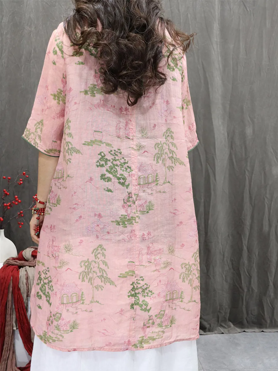 Women Summer Artsy V-Neck Flower 100%Ramie Shirt