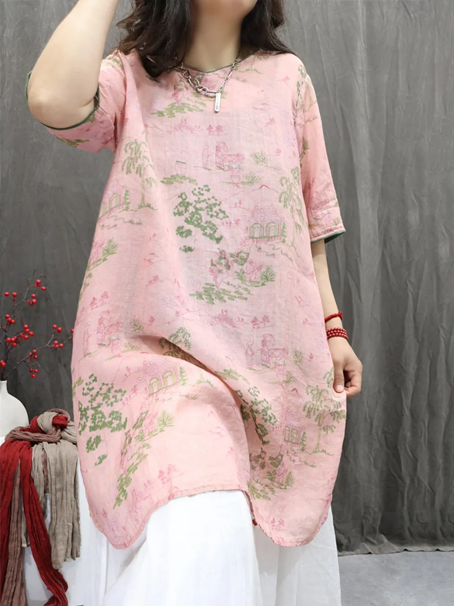 Women Summer Artsy V-Neck Flower 100%Ramie Shirt