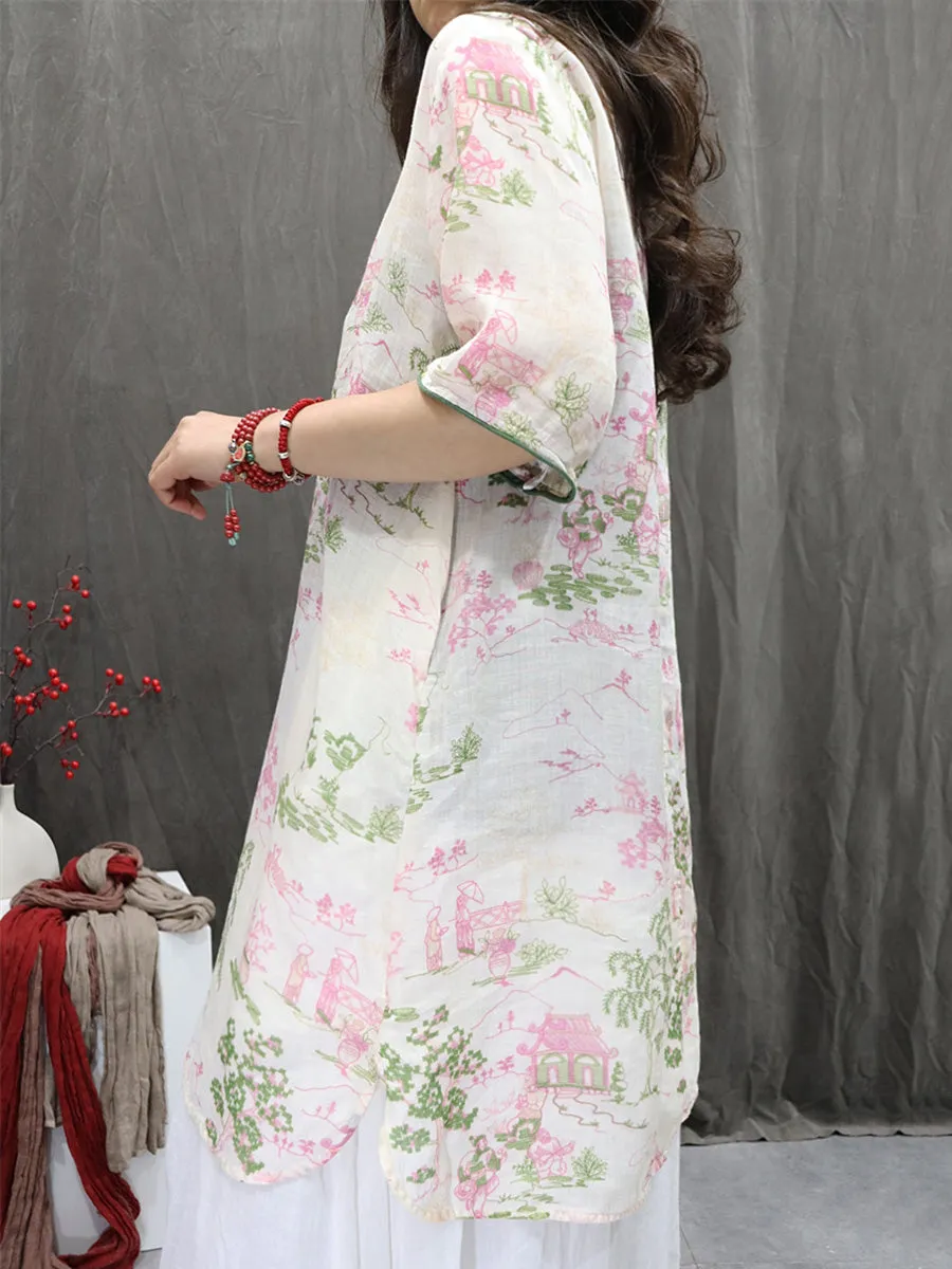 Women Summer Artsy V-Neck Flower 100%Ramie Shirt