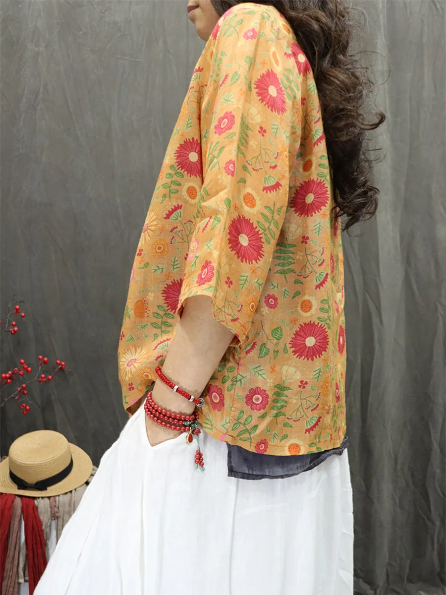 Women Summer Artsy V-Neck Flower 100%Ramie Shirt