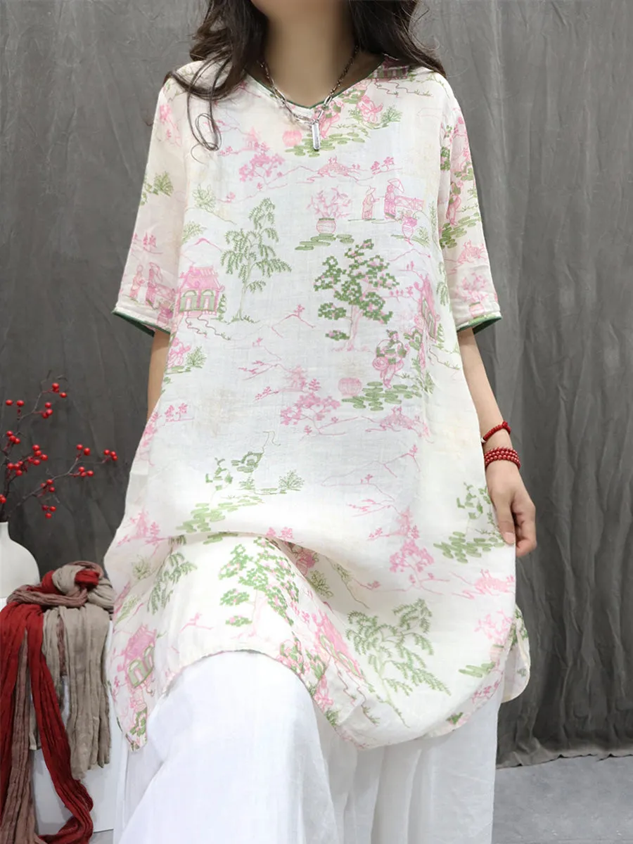 Women Summer Artsy V-Neck Flower 100%Ramie Shirt