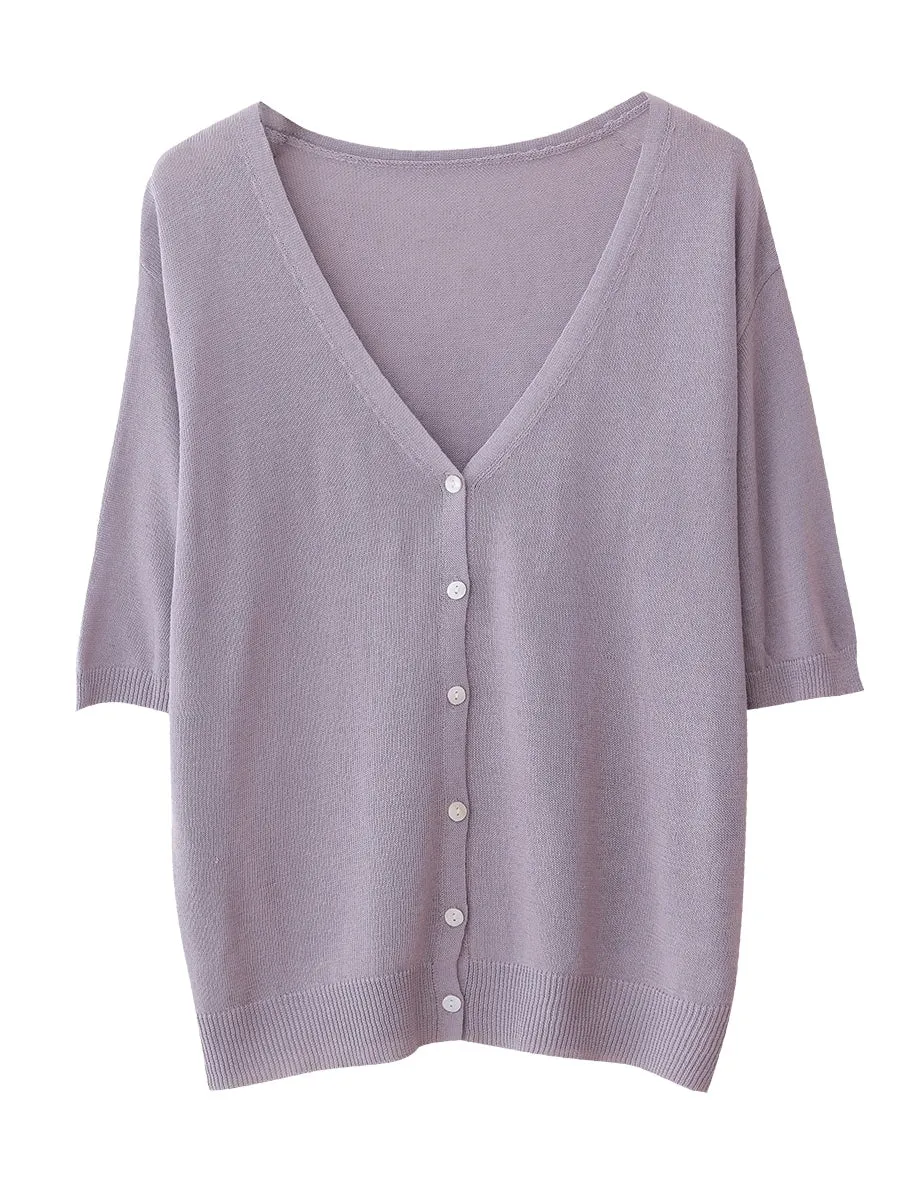Women Summer Casual Pure Color Knit V-Neck Shirt