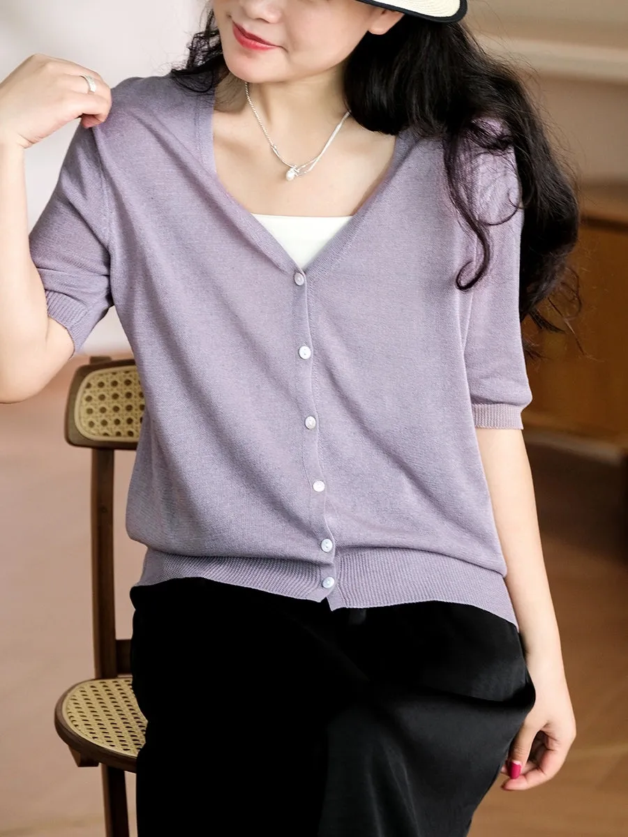 Women Summer Casual Pure Color Knit V-Neck Shirt