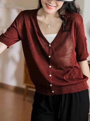 Women Summer Casual Pure Color Knit V-Neck Shirt