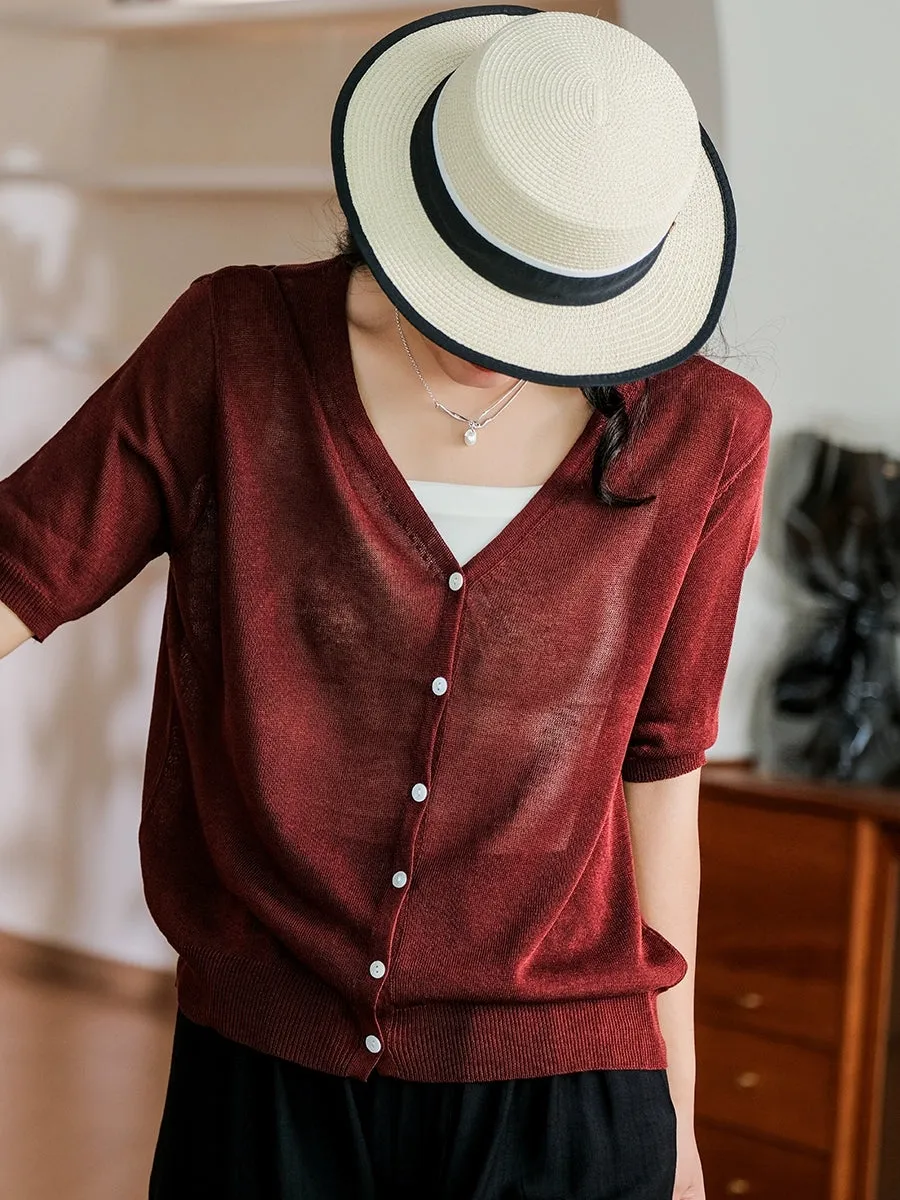 Women Summer Casual Pure Color Knit V-Neck Shirt