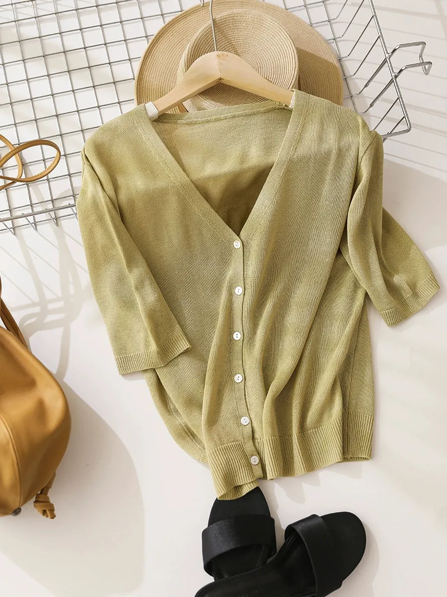 Women Summer Casual Pure Color Knit V-Neck Shirt