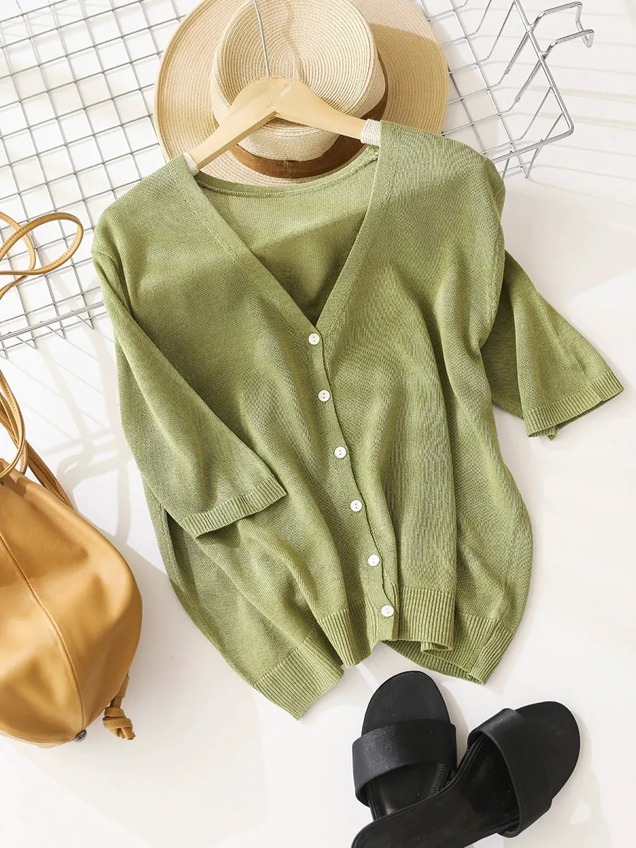 Women Summer Casual Pure Color Knit V-Neck Shirt