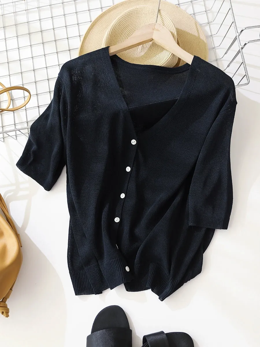 Women Summer Casual Pure Color Knit V-Neck Shirt