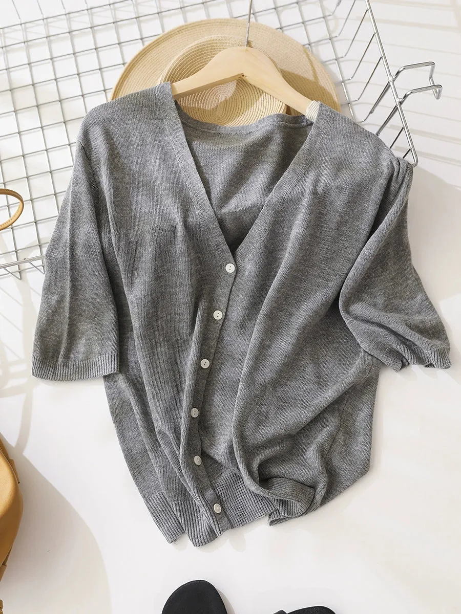 Women Summer Casual Pure Color Knit V-Neck Shirt
