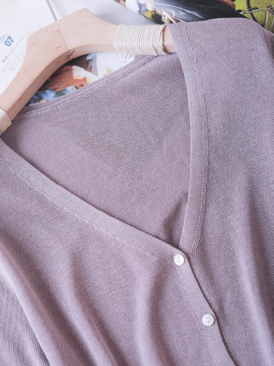 Women Summer Casual Pure Color Knit V-Neck Shirt