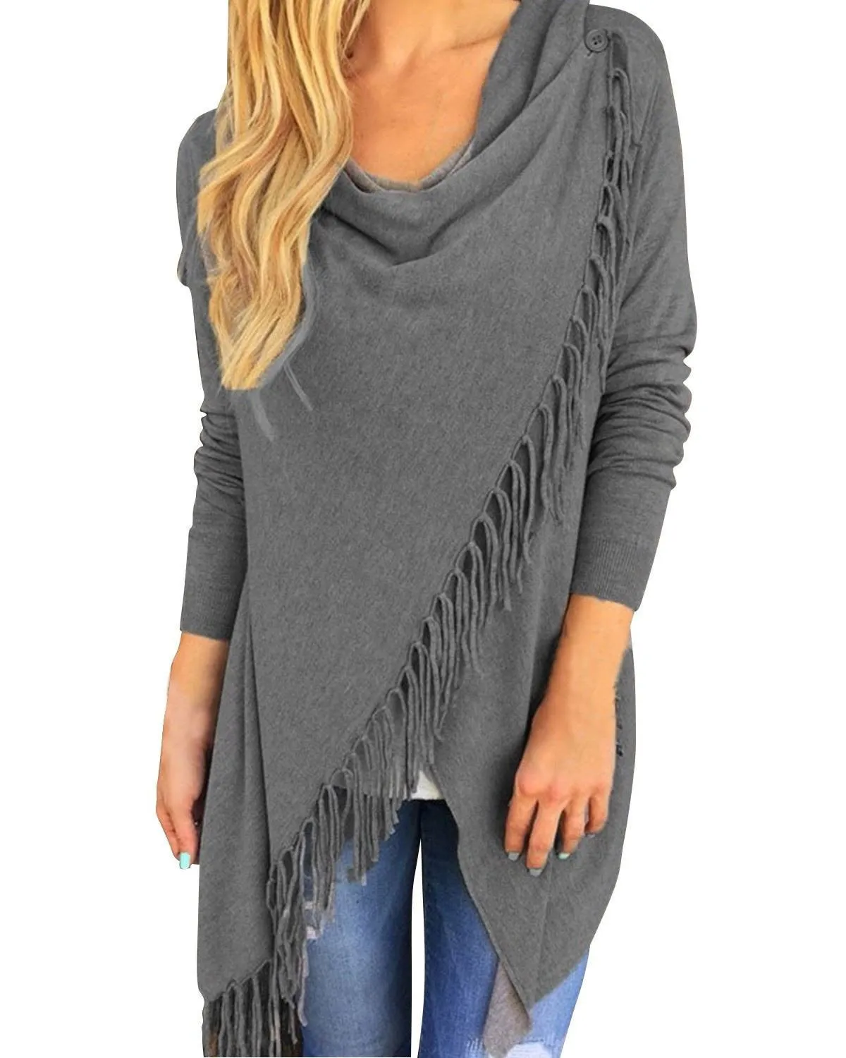 Women Tassels Irregular Hem Long Sleeve Blouses Shirts Casual Cardigan Solid Color Plus Size Tops