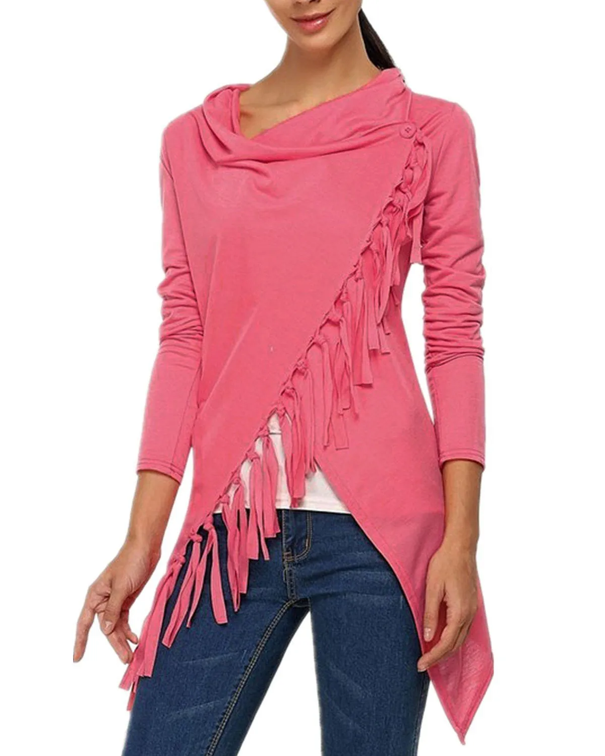 Women Tassels Irregular Hem Long Sleeve Blouses Shirts Casual Cardigan Solid Color Plus Size Tops