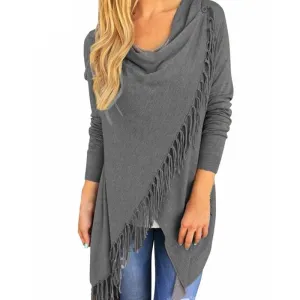 Women Tassels Irregular Hem Long Sleeve Blouses Shirts Casual Cardigan Solid Color Plus Size Tops