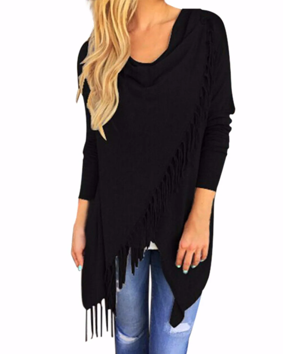 Women Tassels Irregular Hem Long Sleeve Blouses Shirts Casual Cardigan Solid Color Plus Size Tops
