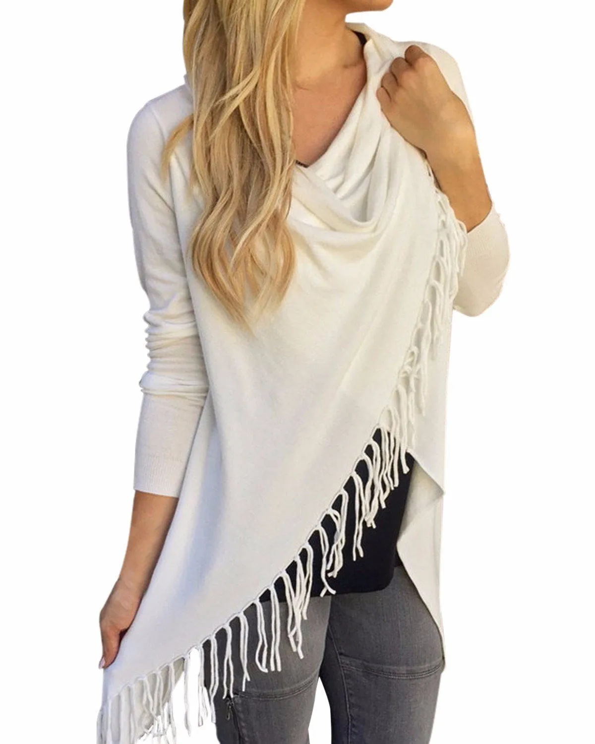 Women Tassels Irregular Hem Long Sleeve Blouses Shirts Casual Cardigan Solid Color Plus Size Tops