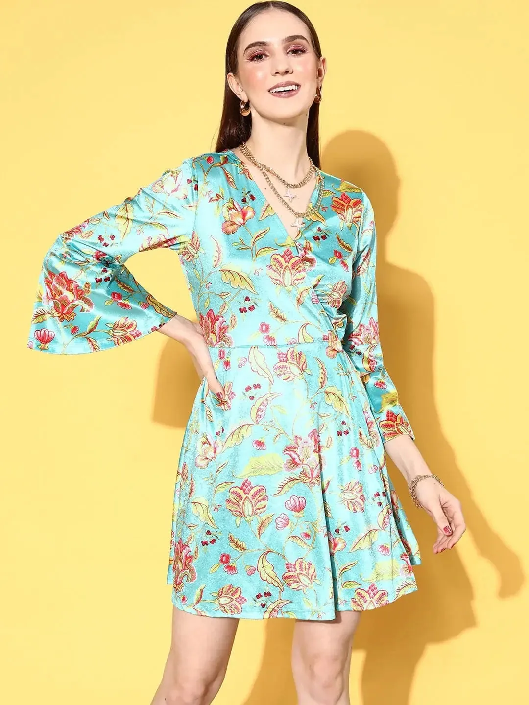 Women Turquoise Floral Velvet Wrap Skater Dress