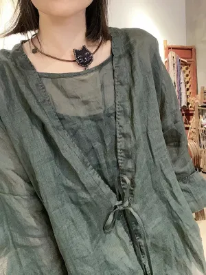 Women Vintage Summer Pure Color V-Neck Ramie Shirt
