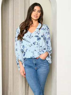 WOMEN'S 3/4 DRAPE SLEEVE V-NECK FLORAL TOP