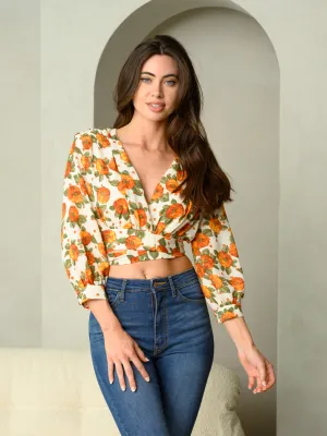WOMEN'S 3/4 SLEEVE FLORAL V-NECK BACK TIE CROP TOP