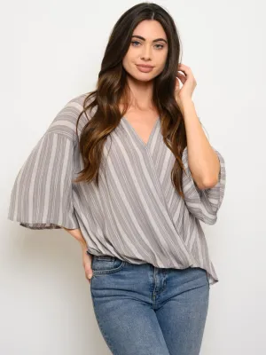WOMEN'S BOHO STRIP SURPLICE 3/4 SLEEVE TOP