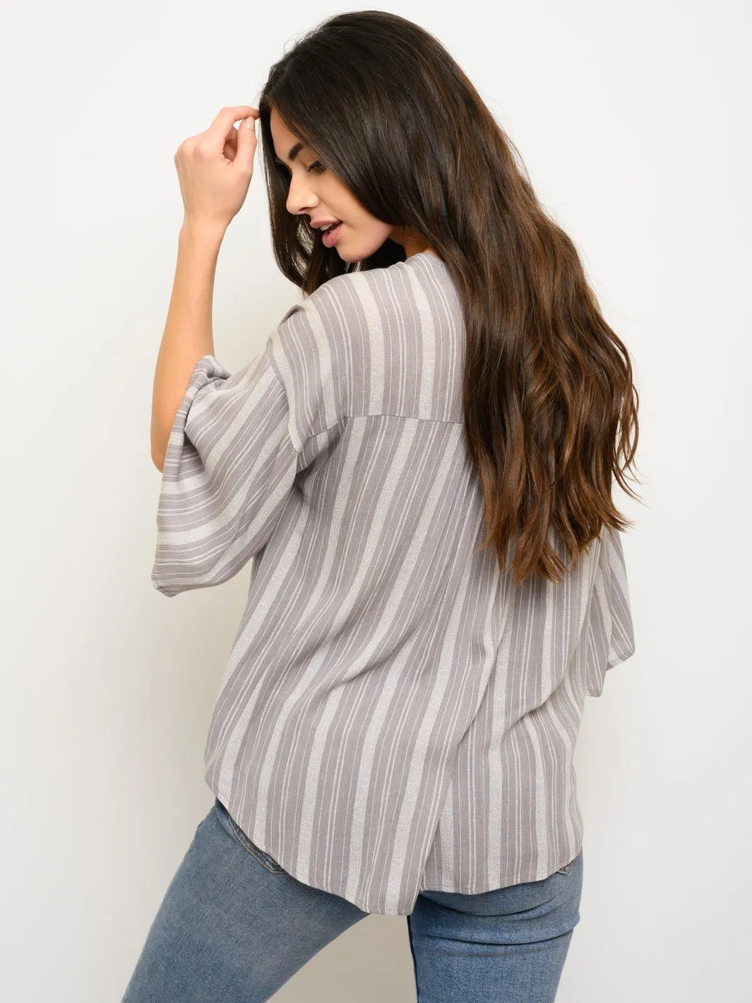 WOMEN'S BOHO STRIP SURPLICE 3/4 SLEEVE TOP