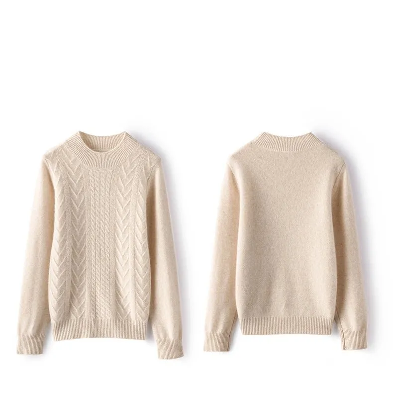 Womens Cashmere Cable Knit Sweater Crew Neck Long Sleeves Sweater