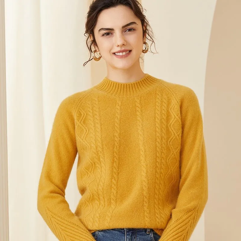 Womens Cashmere Cable Knit Sweater Crew Neck Long Sleeves Sweater