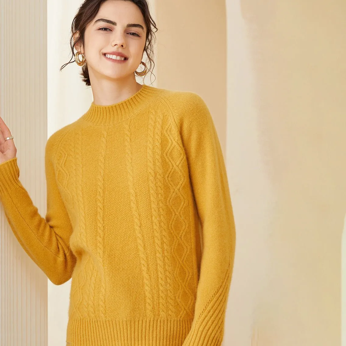 Womens Cashmere Cable Knit Sweater Crew Neck Long Sleeves Sweater
