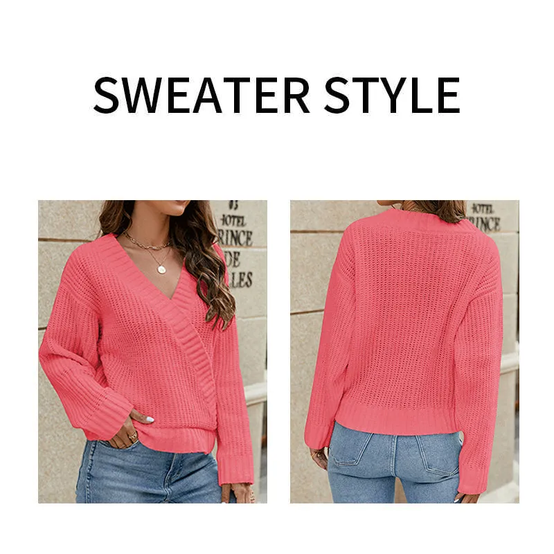 Womens Deep V Neck Wrap Sweaters Long Sleeve Crochet Knit Pullover Tops K587