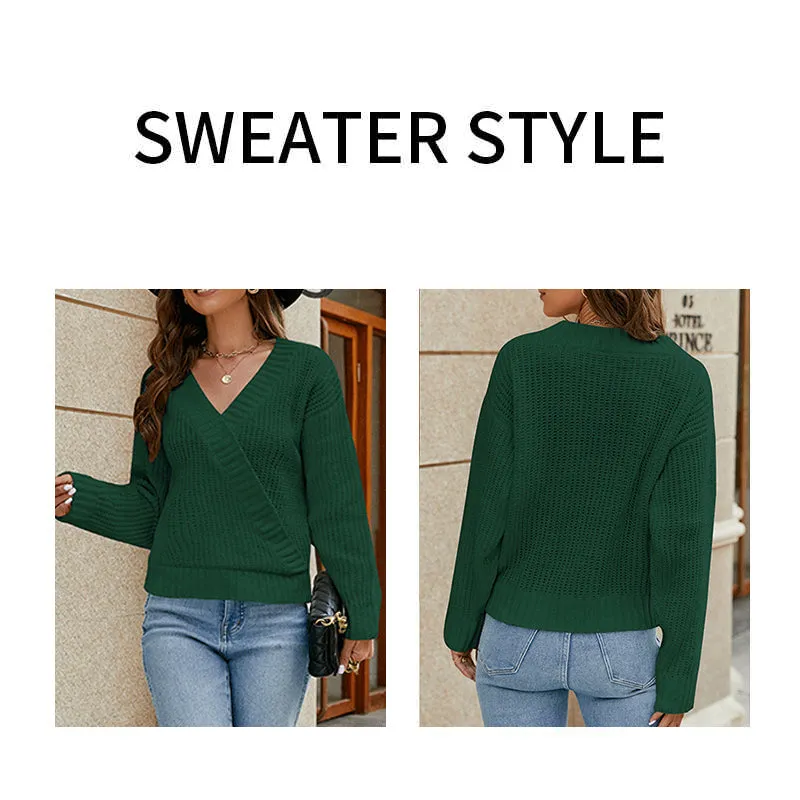 Womens Deep V Neck Wrap Sweaters Long Sleeve Crochet Knit Pullover Tops K587