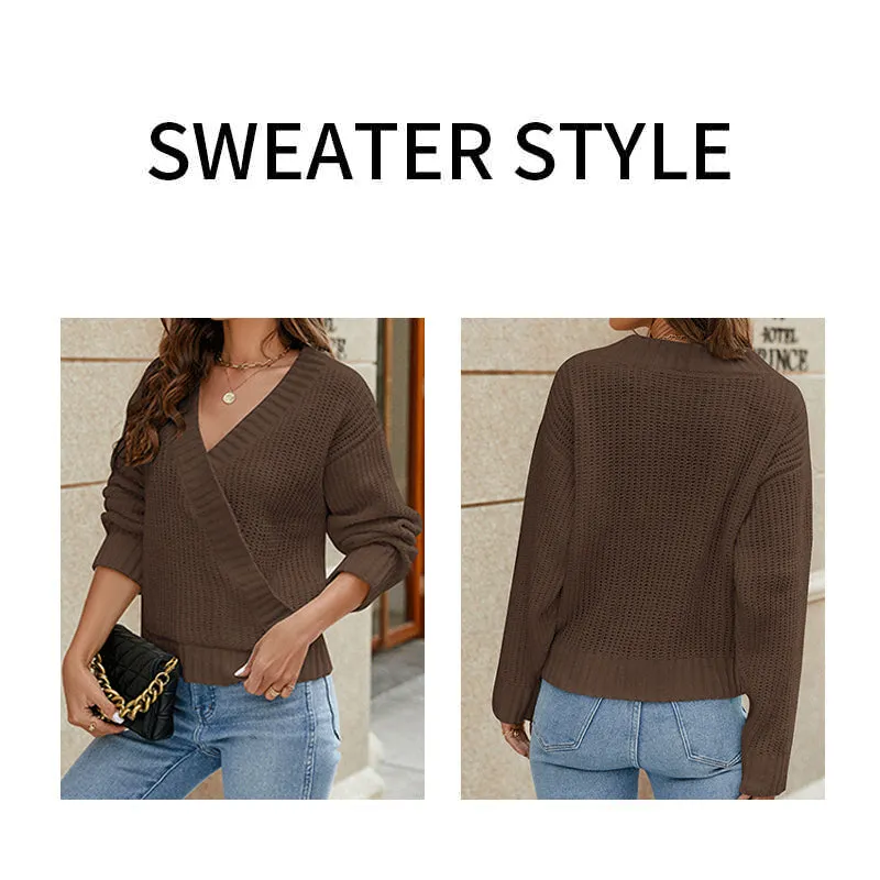 Womens Deep V Neck Wrap Sweaters Long Sleeve Crochet Knit Pullover Tops K587