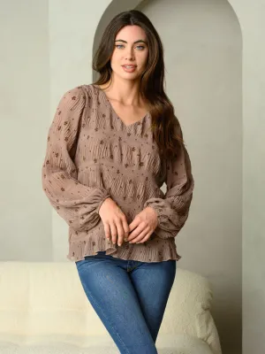 WOMEN'S DITSY FLORAL PRINT V-NECK CRINKLE PLEATING TOP