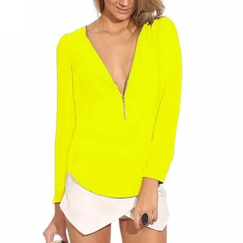 Women's Fashion Casual V Neck Long Sleeve Zipper Tops Chiffon Blouses