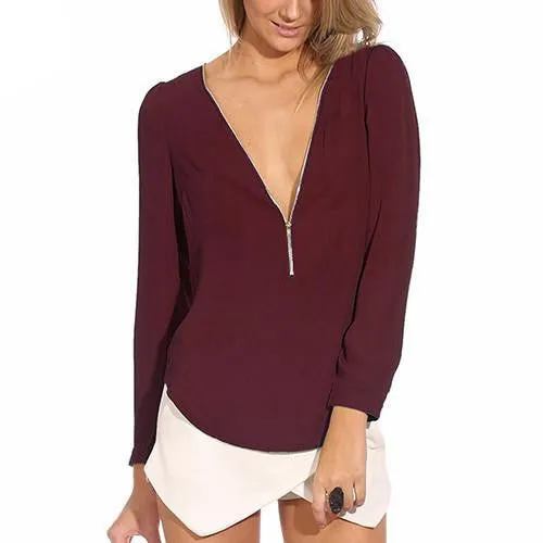 Women's Fashion Casual V Neck Long Sleeve Zipper Tops Chiffon Blouses