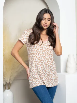 WOMEN'S LEOPARD PRINT V-NECK SHORT SLEEVE TOP