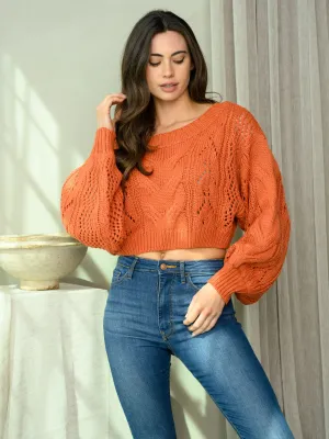 WOMEN'S LONG PUFF SLEEVE CROP KNIT SWEATER