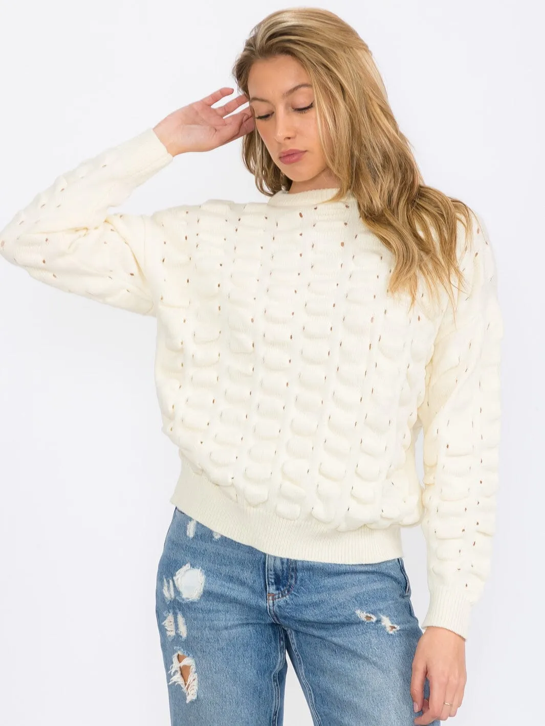 WOMEN'S LONG SLEEVE DETAILED KNIT PULLOVER SWEATER