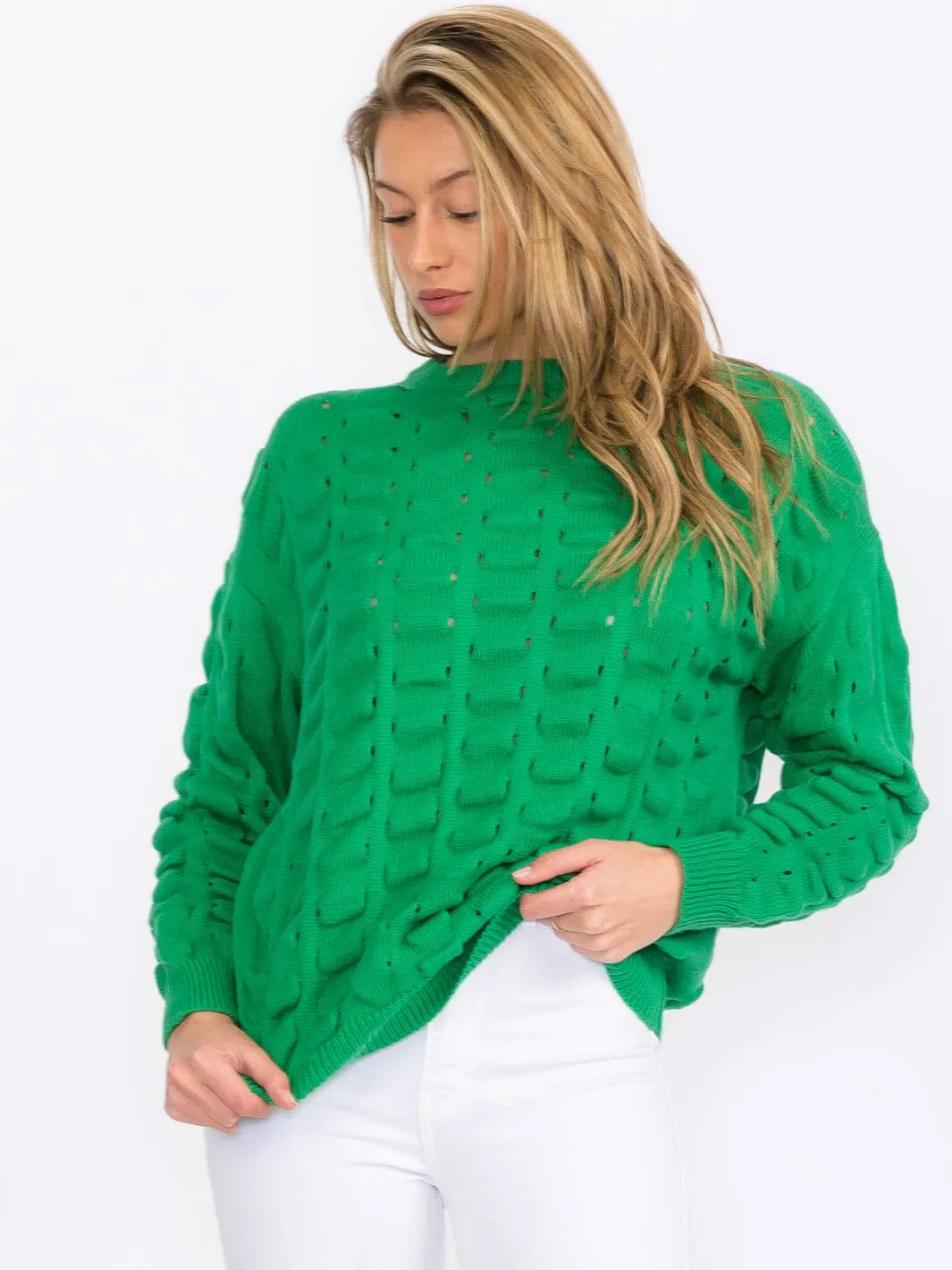 WOMEN'S LONG SLEEVE DETAILED KNIT PULLOVER SWEATER