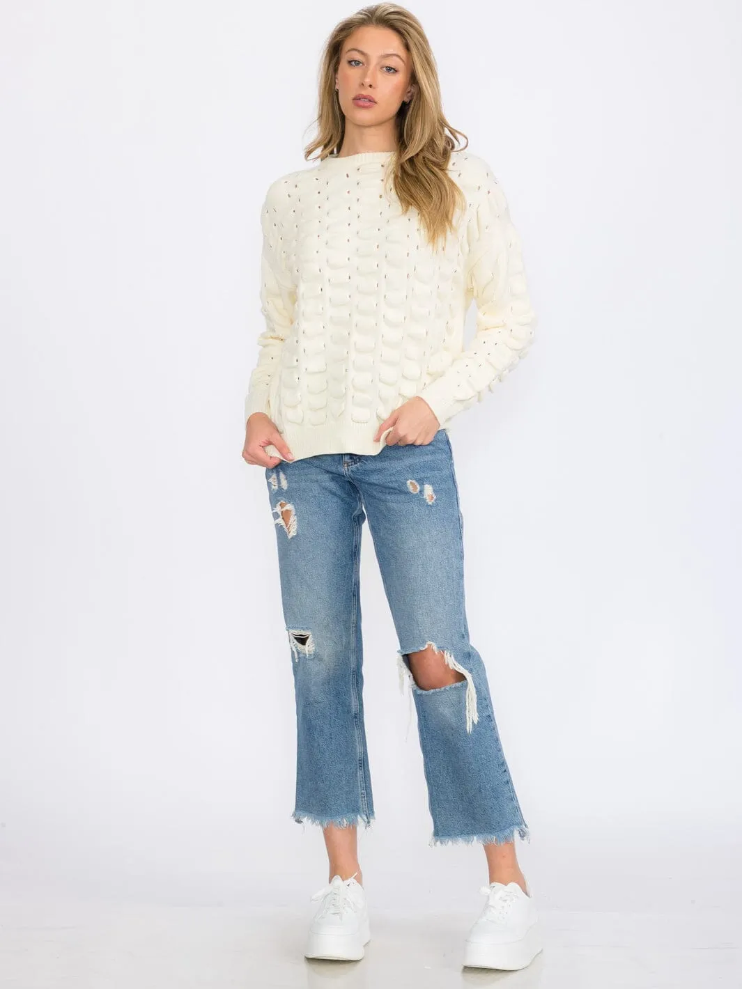 WOMEN'S LONG SLEEVE DETAILED KNIT PULLOVER SWEATER