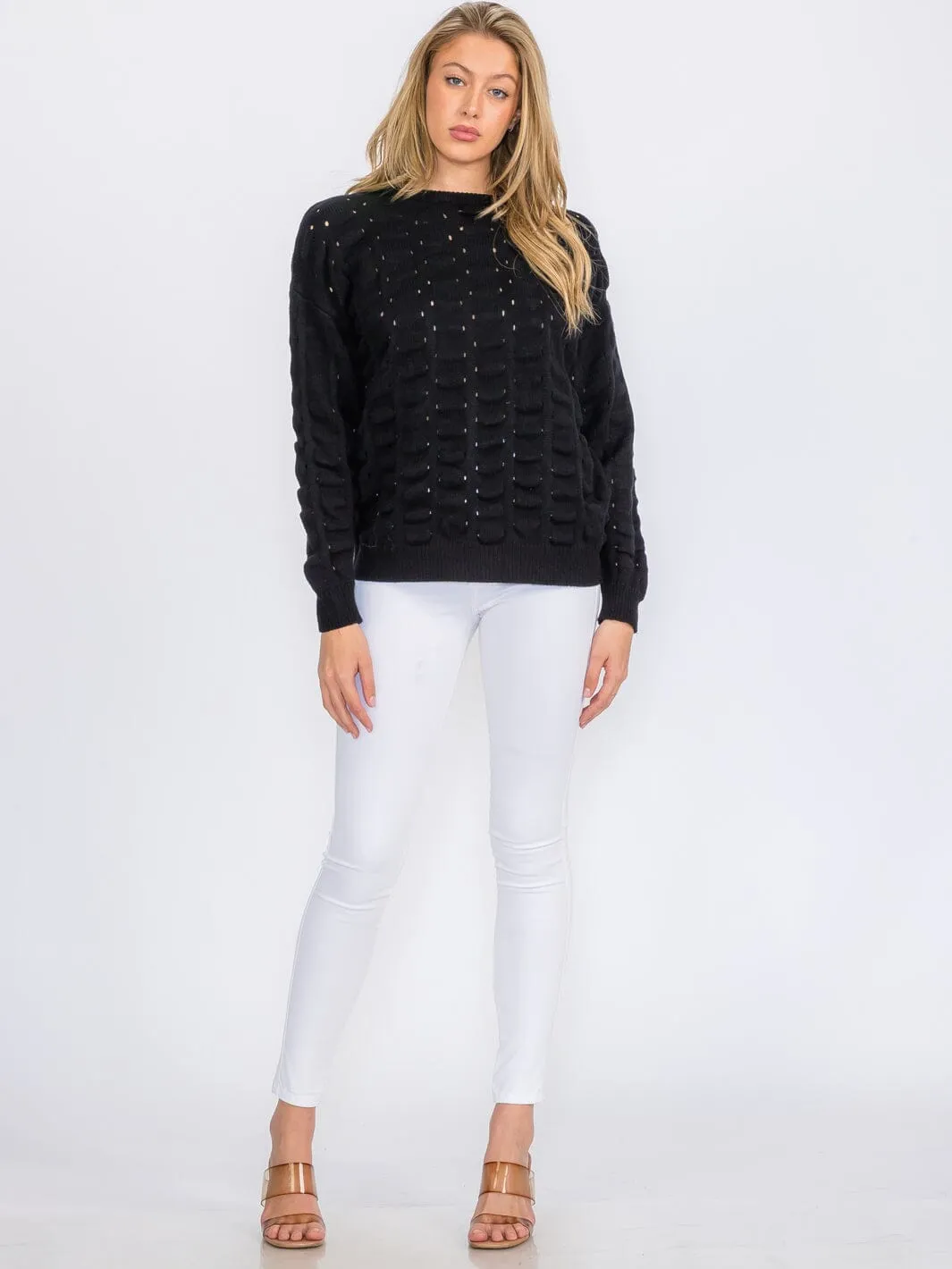 WOMEN'S LONG SLEEVE DETAILED KNIT PULLOVER SWEATER