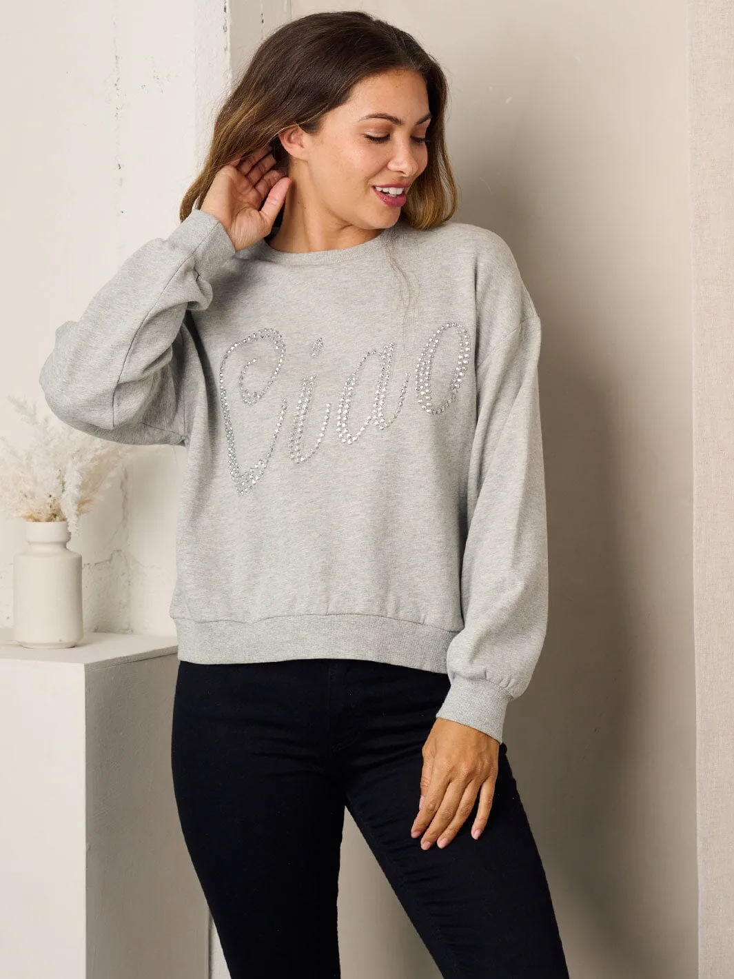 WOMEN'S LONG SLEEVE GRAPHIC STUDS DETAILED KNIT SWEATER