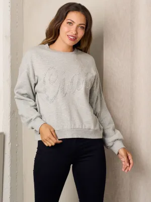 WOMEN'S LONG SLEEVE GRAPHIC STUDS DETAILED KNIT SWEATER