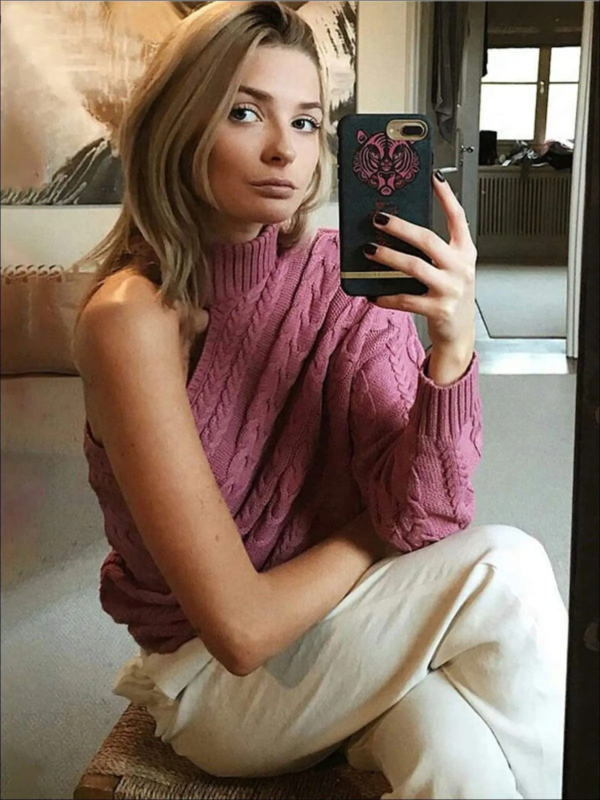 Women's One Shoulder Cable Knit Sweater