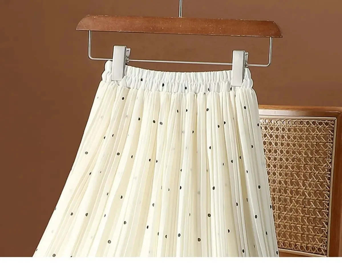 Women’s Polka Dot Pleated Midi Skirt | High Waist Elastic Vintage Office Skirt