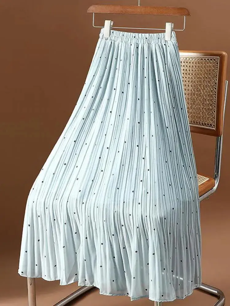 Women’s Polka Dot Pleated Midi Skirt | High Waist Elastic Vintage Office Skirt