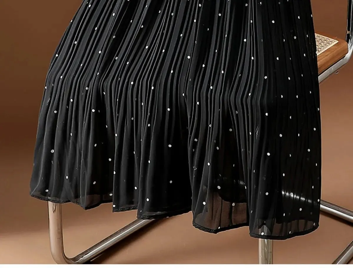 Women’s Polka Dot Pleated Midi Skirt | High Waist Elastic Vintage Office Skirt
