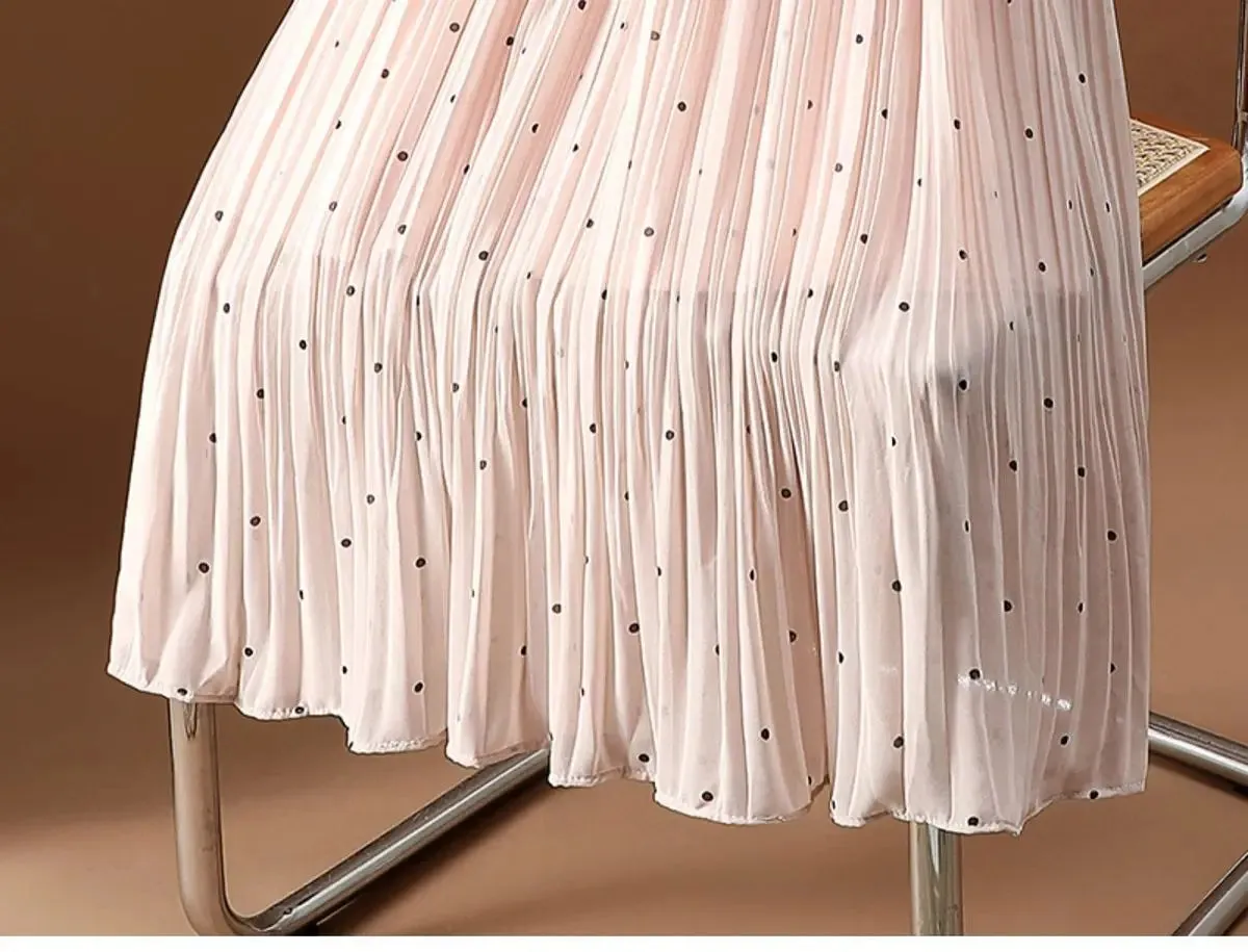 Women’s Polka Dot Pleated Midi Skirt | High Waist Elastic Vintage Office Skirt
