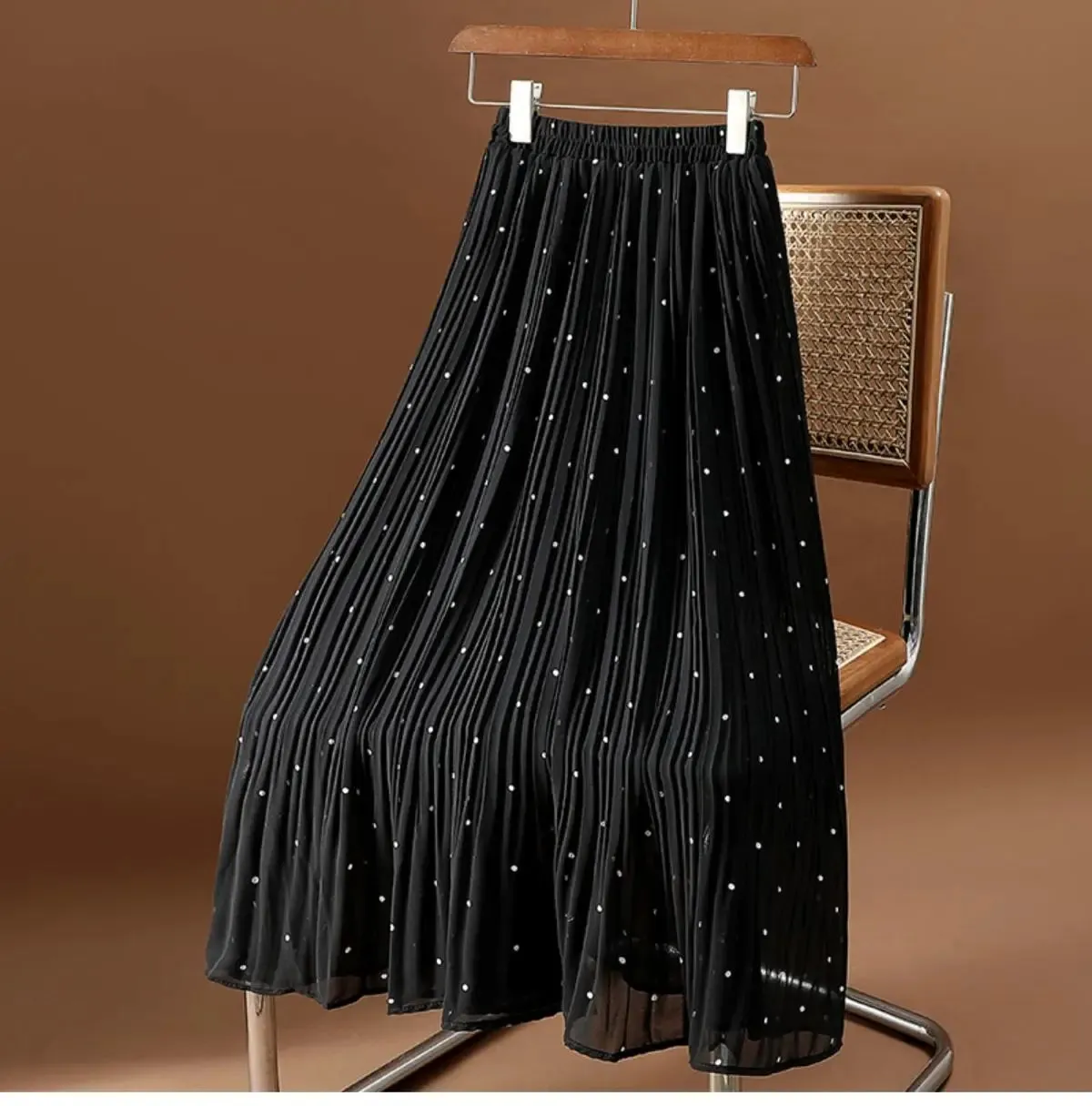 Women’s Polka Dot Pleated Midi Skirt | High Waist Elastic Vintage Office Skirt