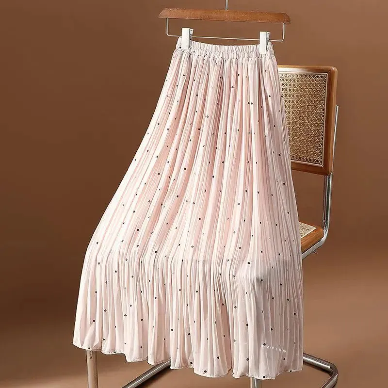 Women’s Polka Dot Pleated Midi Skirt | High Waist Elastic Vintage Office Skirt