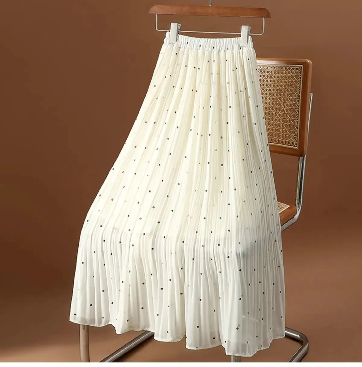 Women’s Polka Dot Pleated Midi Skirt | High Waist Elastic Vintage Office Skirt